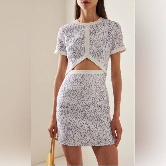 STAUD Dresses & Skirts - STAUD cutout Perla White Mini linen stealth Dress w/ Blue Print size 6